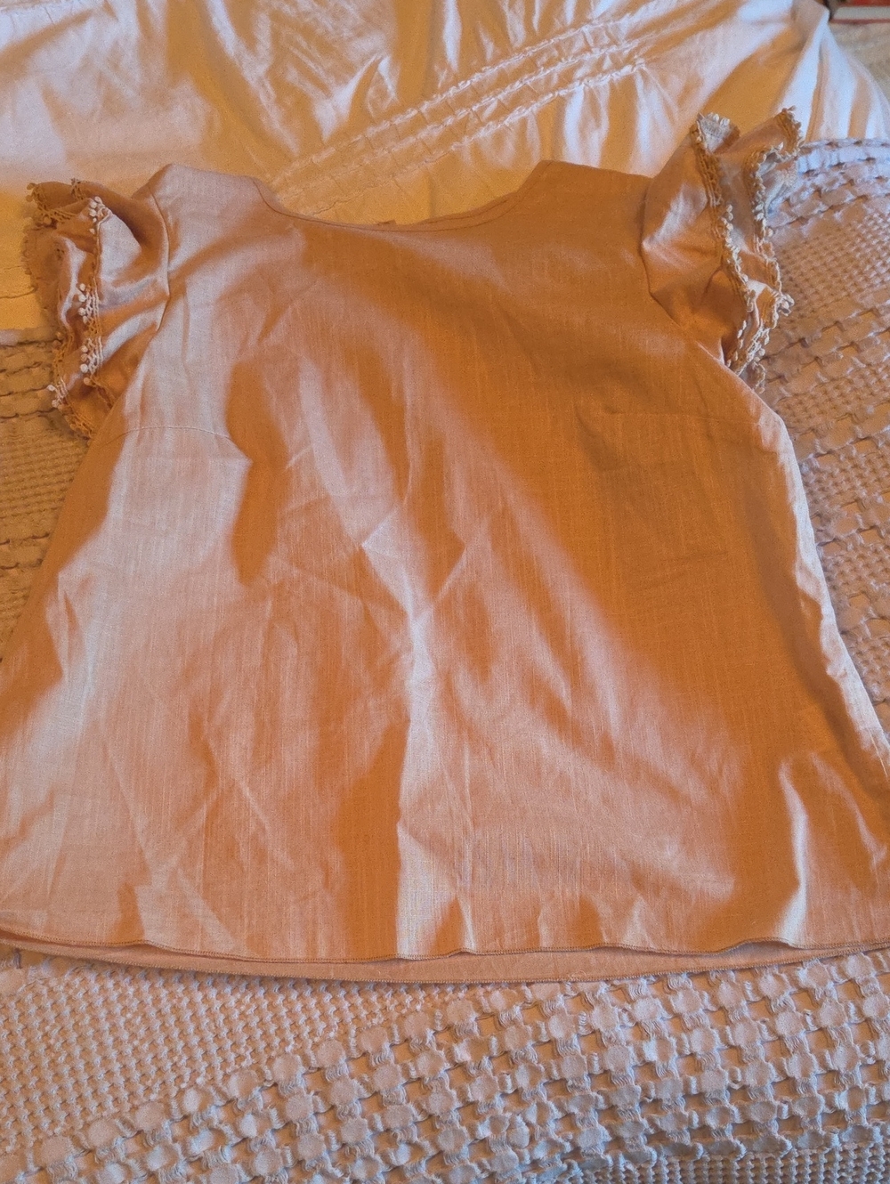 Women's Tan Cotton Short Sleeve Lace-Trim Top Xl